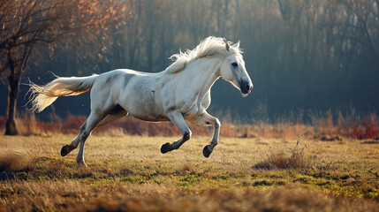Obraz na płótnie Canvas White horse run forward. Picture presenting the galloping white horse. AI Generative