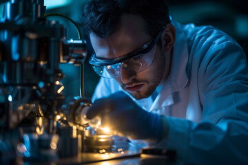 A meticulous scientist in a lab coat and safety glasses is focused on adjusting delicate equipment in a laboratory setting, showcasing precision and concentration - obrazy, fototapety, plakaty