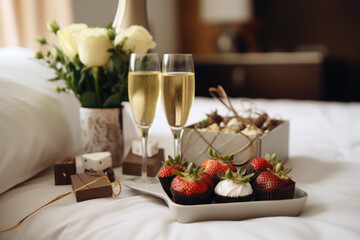 Two glasses of champagne and strawberries on the bed in the hotel room - obrazy, fototapety, plakaty