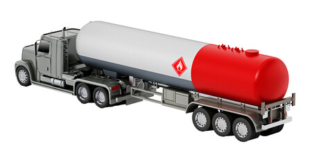 Gas truck with aluminum fuel tanker trailer on transparent background. 3D illustration
