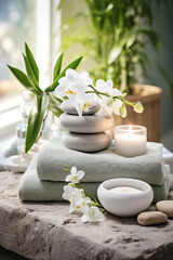 Naklejka na ściany i meble Tranquil spa setting with towels rolled up, candles and smooth river stones. 