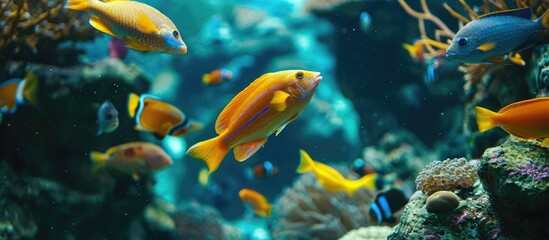 Naklejka na ściany i meble Vibrant fish in a tank, showcasing underwater nature and wildlife.