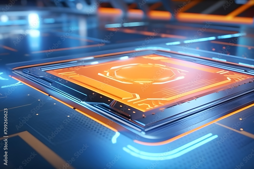 Poster close-up view of a modern gpu card with circuit and colorful lights and details. neural network ai g