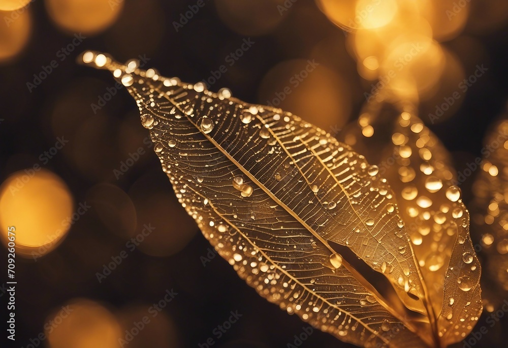 Poster beautiful golden transparent skeleton leaves with texture on shiny abstract background blurred with