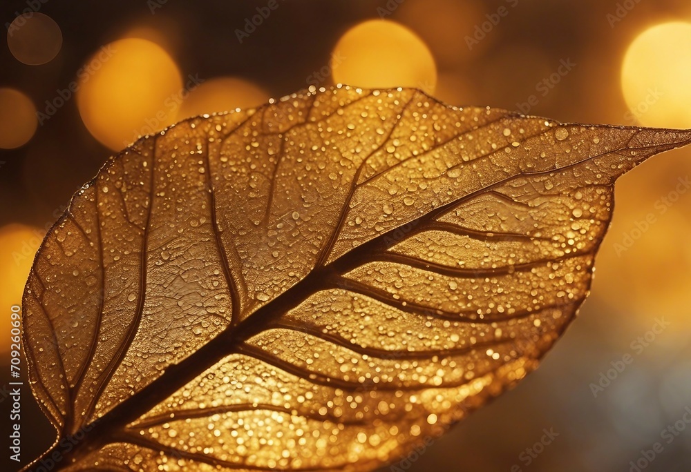 Poster beautiful golden transparent skeleton leaves with texture on shiny abstract background blurred with
