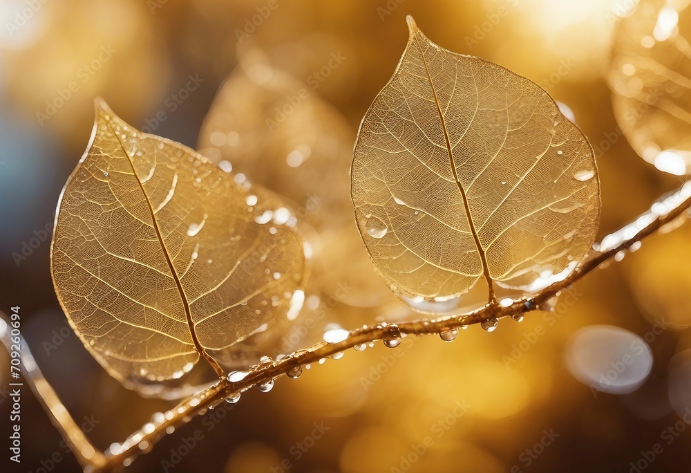 Poster beautiful golden transparent skeleton leaves with texture on shiny abstract background blurred with