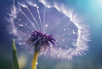 Foto op Plexiglas Beautiful dew drops on a dandelion seed Close-up Sparkling bokeh Beautiful light blue and violet bac © ArtisticLens