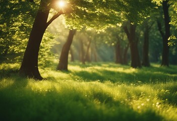 Beautiful warm summer widescreen natural landscape of park with a glade of fresh grass lit by sun - obrazy, fototapety, plakaty