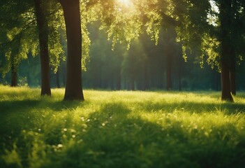 Beautiful warm summer widescreen natural landscape of park with a glade of fresh grass lit by sun