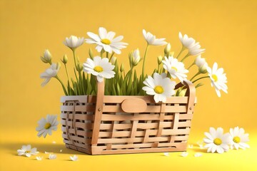 White flowers in wooden basket on yellow spring background 3D Rendering-