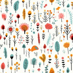 seamless pattern, simple doodle flowers leaves on a white background retro style Autumn Children's Print