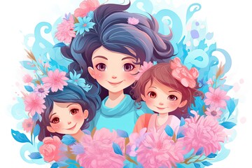 Mother and daughters. Mom hugs her child. Happy Mother's day, holiday concept with pastel pink blue flowers and feathers.