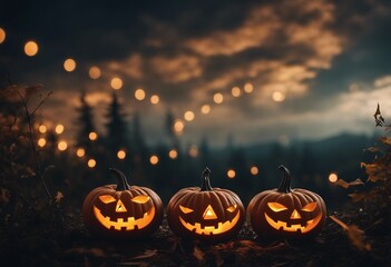 Festive background decoration for Halloween Two glowing pumpkins forest against evening sky with hal - obrazy, fototapety, plakaty