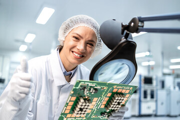 Factory technologist controlling quality of printed circuit board for electronics industry.