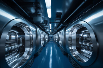 Obraz premium A corridor with a series of large, cylindrical autoclaves in a clean and futuristic industrial environment, illuminated by blue lighting