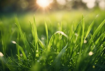 Natural green background of young juicy grass in sunlight with beautiful bokeh Lush grass close-up i