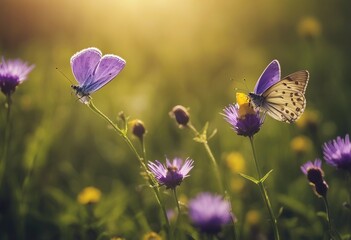 Small wild purple flowers in grass and two yellow butterflies soaring in nature in rays of sunlight
