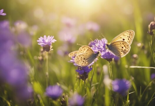 Small wild purple flowers in grass and two yellow butterflies soaring in nature in rays of sunlight