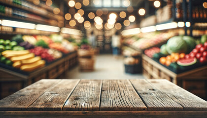 empty old wooden table with beautiful grocery store background