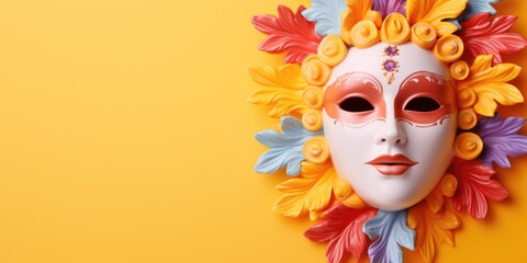 Traditional venetian carnival mask on yellow background with copy space