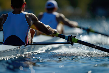 Close-up of two men paddling on a lake. Concept of rowing. - obrazy, fototapety, plakaty