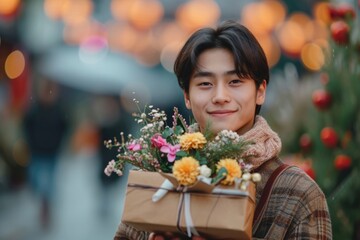 Young asian man with gift box and flower in chinese new year festival.