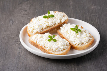 Sandwiches with cottage cheese in a plate on a wooden table