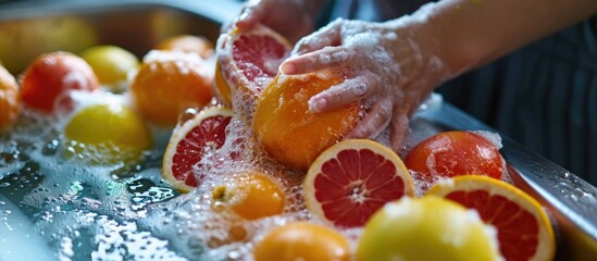 Woman washing ripe citrus fruits in the kitchen sink with soapy water.