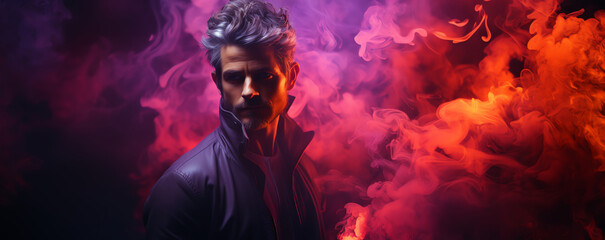 Male model in a surround dissolve in neon swirling flowing smoke fog