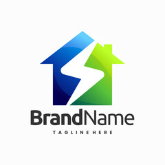renewable energy house logo with abstract house and thunder light shapes combination concept