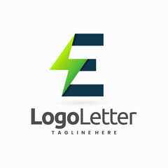 Letter E logo with thunder light sign design concept, electric letter shapes logo