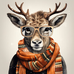 a deer in glasses and scarf, in the style of realistic images created with Generative Ai