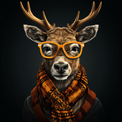Naklejka premium a deer in glasses and scarf, in the style of realistic images created with Generative Ai