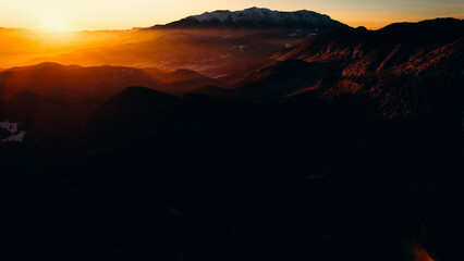 Aerial view Mountains at sunset in winter.