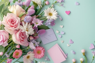 Assorted Flowers and Heartfelt Cards for Mother's Day in Pastel Colors

