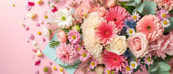 Assorted Flowers and Heartfelt Cards for Mother's Day in Pastel Colors

