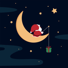 santa sitting on the moon greeting card vector illustration