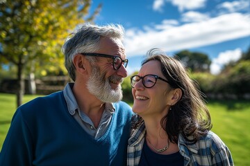 55 years old woman and 60 years old man looking happy and loving outdoor