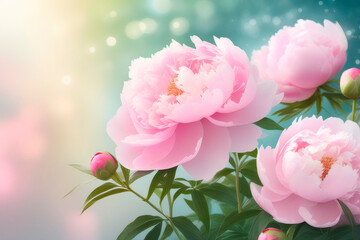 Obraz premium Watercolor greeting card with pastel pink beautiful peonies blossom bokeh, flower frame.