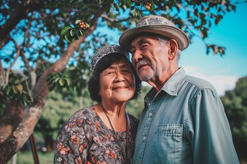 55 years old woman and 60 years old man looking happy and loving outdoor