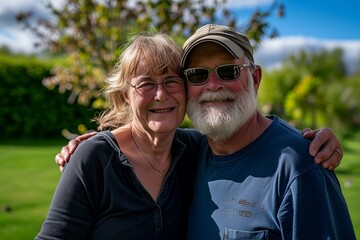 55 years old woman and 60 years old man looking happy and loving outdoor