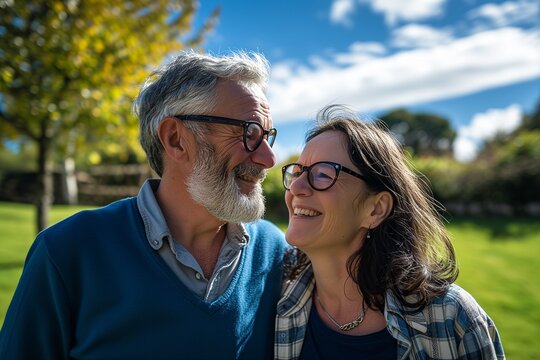 55 years old woman and 60 years old man looking happy and loving outdoor