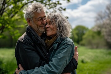 55 years old woman and 60 years old man looking happy and loving outdoor