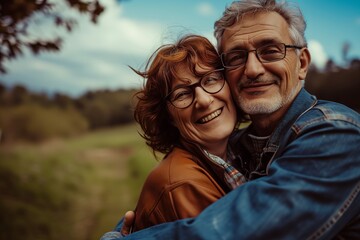 55 years old woman and 60 years old man looking happy and loving outdoor