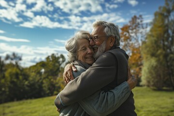 55 years old woman and 60 years old man looking happy and loving outdoor