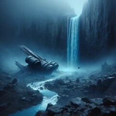 Obraz premium The spaceship crash-landed on a gloomy, rocky planet. Spacecraft crash