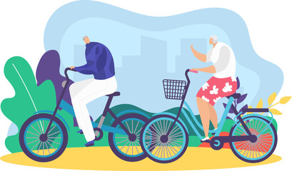 Elderly couple bicycling together in the park. Senior man and woman enjoying bike ride outdoors. Active seniors and healthy aging lifestyle vector illustration.