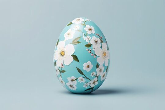 Delicate floral pattern Easter egg on soft pastel blue background, symbolizing renewal and spring festivities.