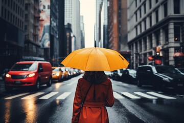 person walking down a city street with a yellow umbrella