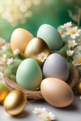 Happy Easter, holiday greeting card mockup with light bokeh, flowers and colored eggs.
